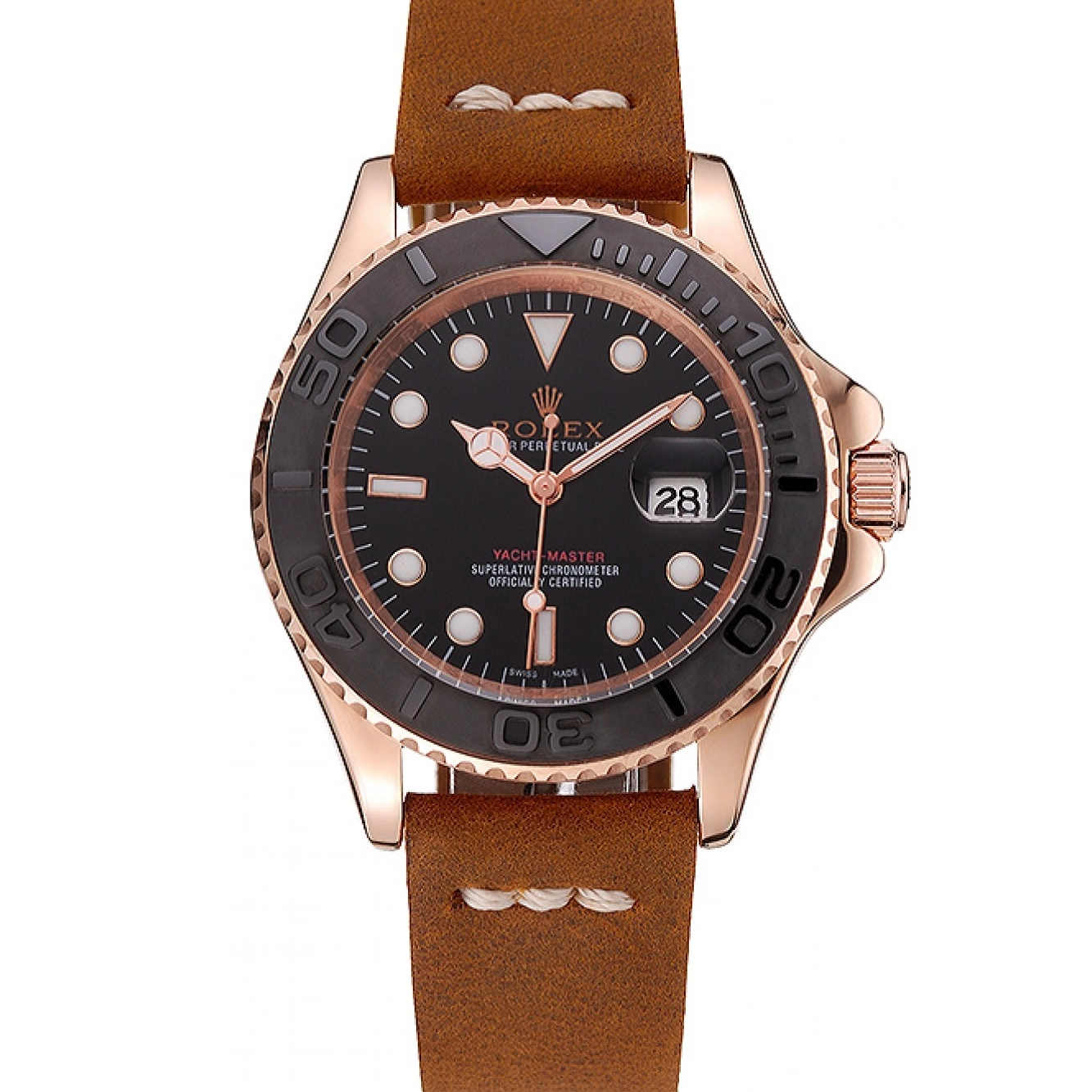 Dial Rose Brown Black Rolex Master Leather Yacht Bracelet Case Gold 1453861 0726